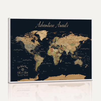 Custom Beige Push Pin World Map Wall Art, Family Travel Tracker, Home Office and Study Decor