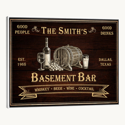 Custom Basement Bar Sign Canvas, Personalized Family Home Bar Wall Art
