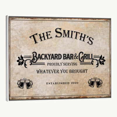 Custom Backyard Bar & Grill Sign, Personalized Family Name Arch Canvas
