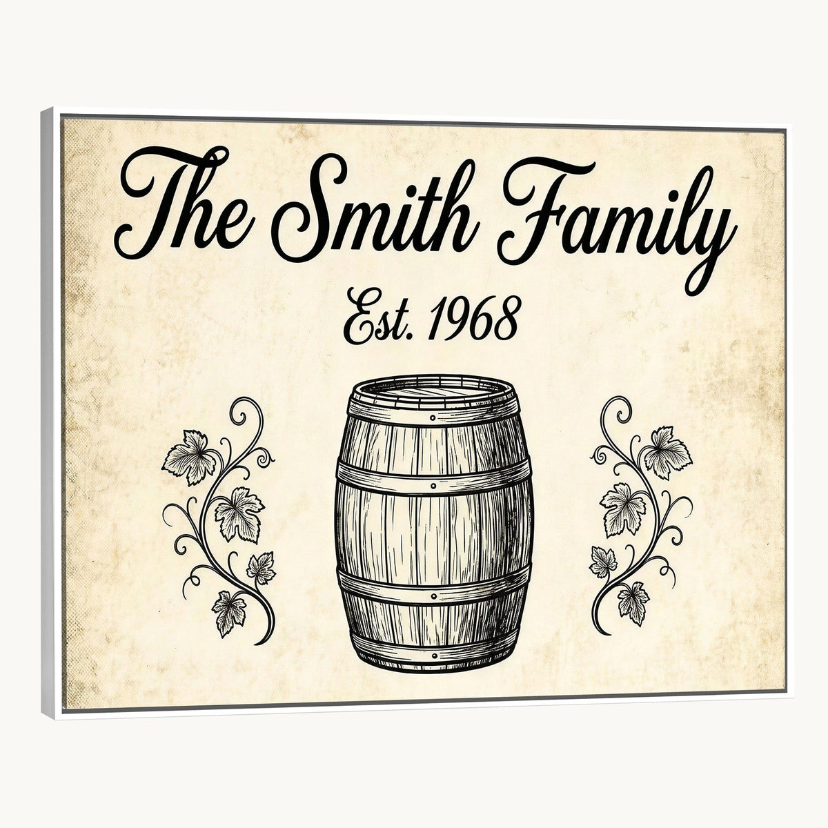 Custom family name wall art with wine barrel illustration