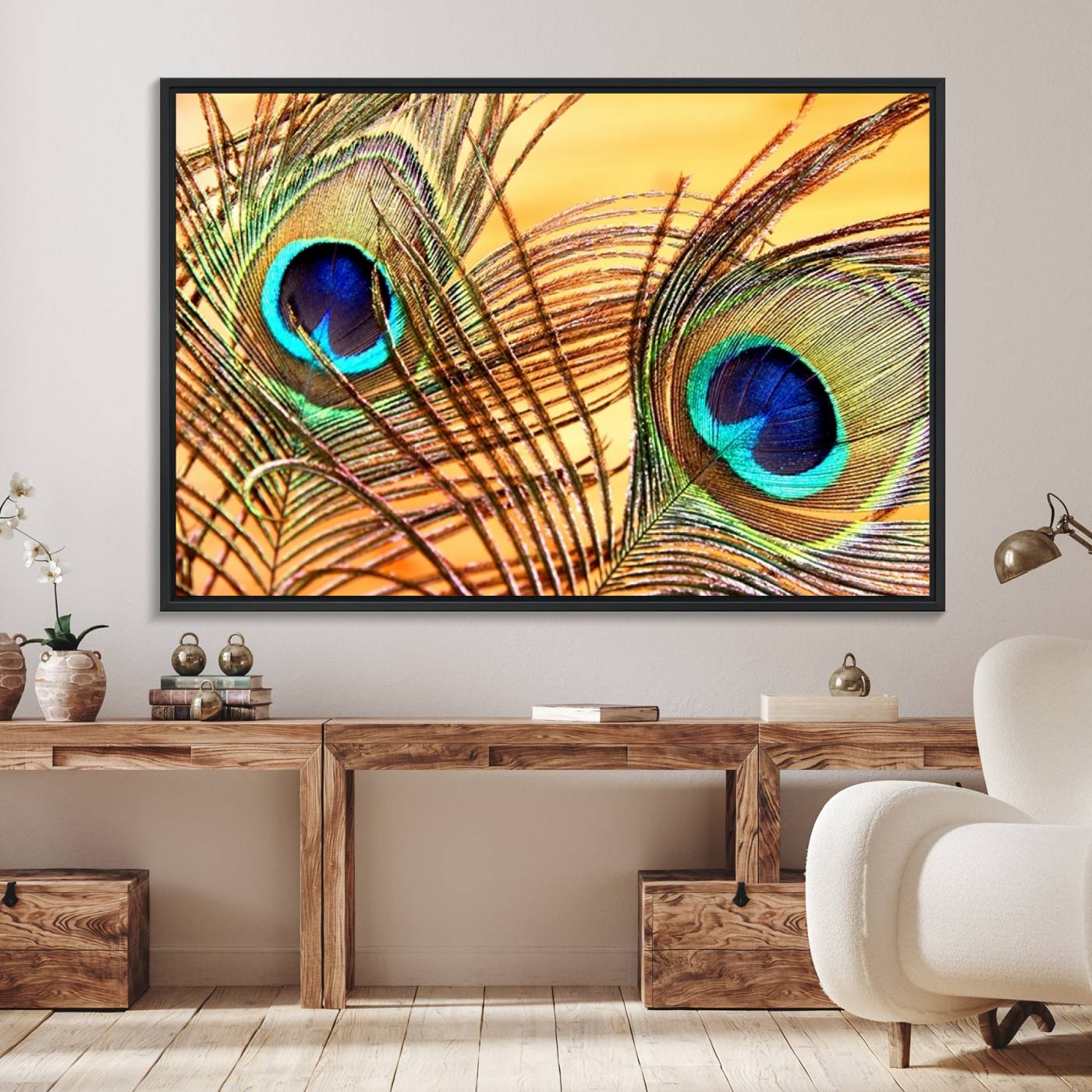 Peacock Feather Wall Art Print - Vibrant Green, Blue, and Orange Peacock Feather Design, Ready to Hang