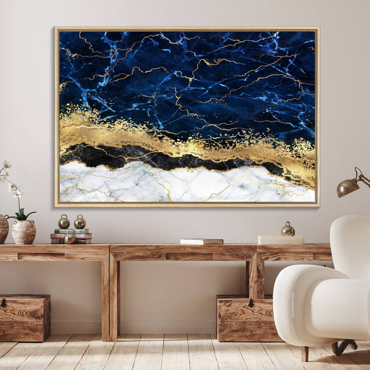 Navy Blue Marble Fluid Effect Wall Art Abstract Canvas Wall Art Print