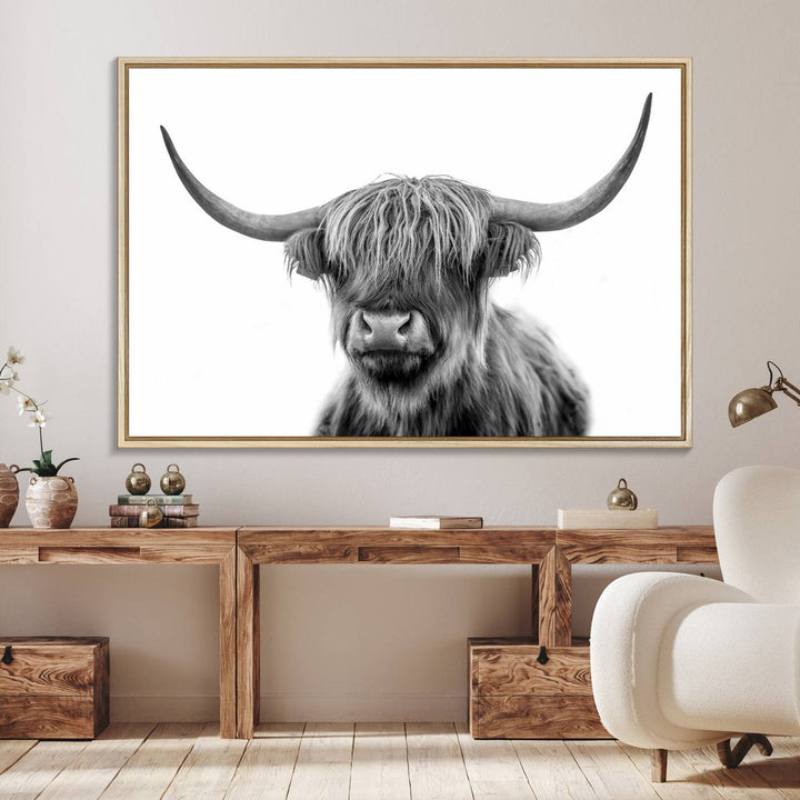 Grayscale Scottish Highland Cow Cattle Art Print Farmhouse Wall Art Canvas Print