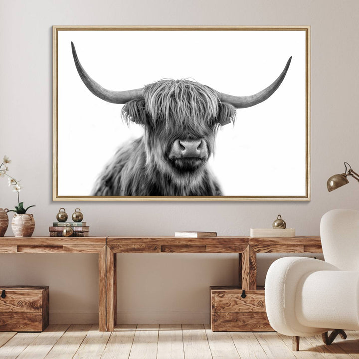 Scottish Highland Cow Cattle Art Print Wall Art Canvas Print for Farmhouse Decor, Framed Scottish Highland Cow Canvas