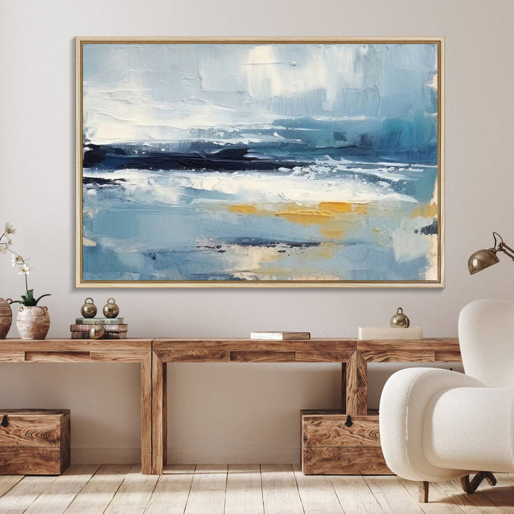 Abstract Ocean Canvas Wall Art - Coastal Blue and Gold Textured Painting, Modern Seascape Decor for Living Room Decor