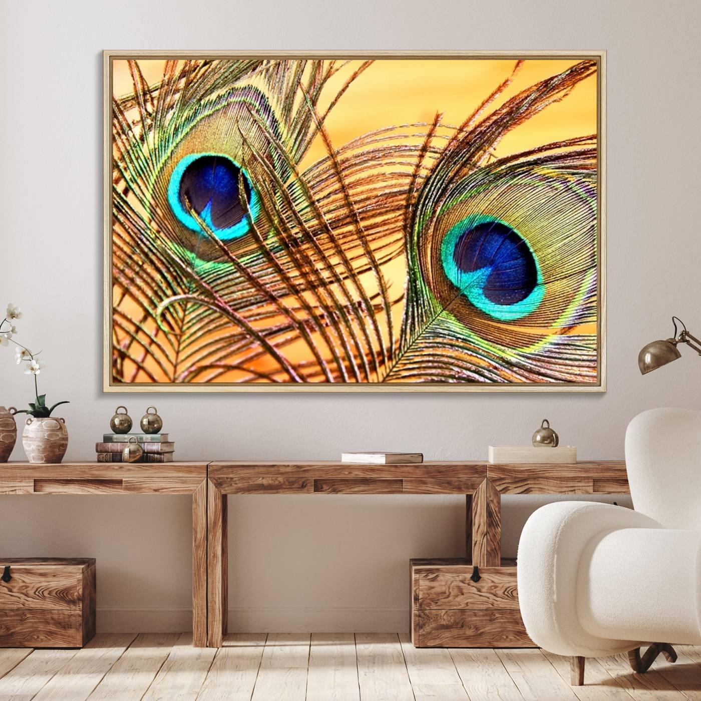 Peacock Feather Wall Art Print - Vibrant Green, Blue, and Orange Peacock Feather Design, Ready to Hang