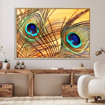 Peacock Feather Wall Art Print - Vibrant Green, Blue, and Orange Peacock Feather Design, Ready to Hang