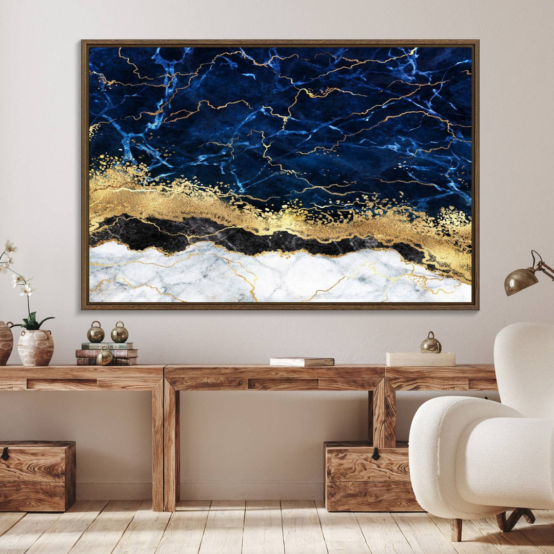 Navy Blue Marble Fluid Effect Wall Art Abstract Canvas Wall Art Print
