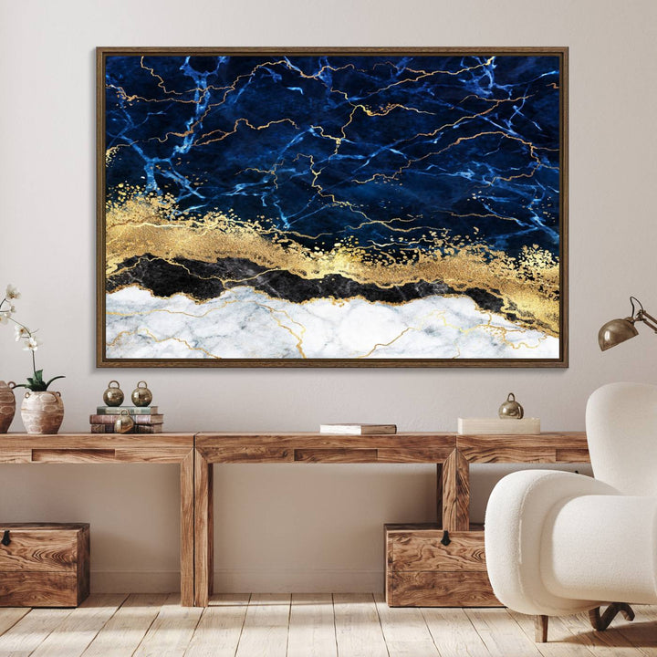 Navy Blue Marble Fluid Effect Wall Art Abstract Canvas Wall Art Print