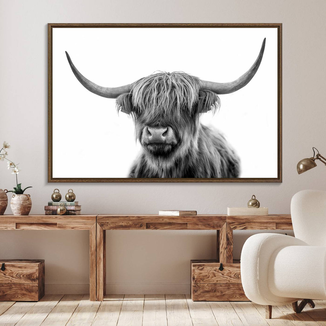 Grayscale Scottish Highland Cow Cattle Art Print Farmhouse Wall Art Canvas Print