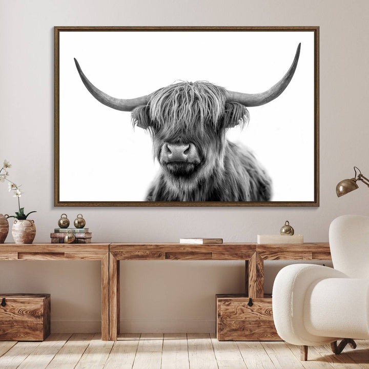 Grayscale Scottish Highland Cow Cattle Art Print Farmhouse Wall Art Canvas Print