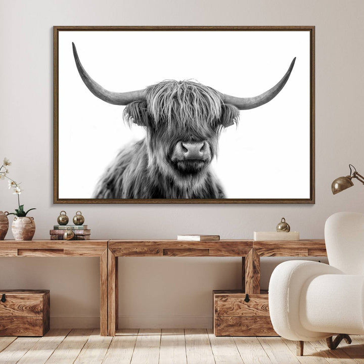 Scottish Highland Cow Cattle Art Print Wall Art Canvas Print for Farmhouse Decor, Framed Scottish Highland Cow Canvas