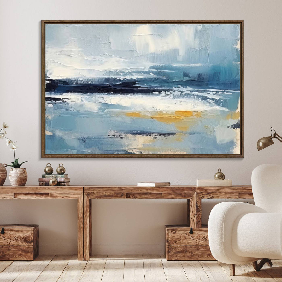 Abstract Ocean Canvas Wall Art - Coastal Blue and Gold Textured Painting, Modern Seascape Decor for Living Room Decor