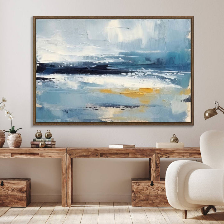 Abstract Ocean Canvas Wall Art - Coastal Blue and Gold Textured Painting, Modern Seascape Decor for Living Room Decor