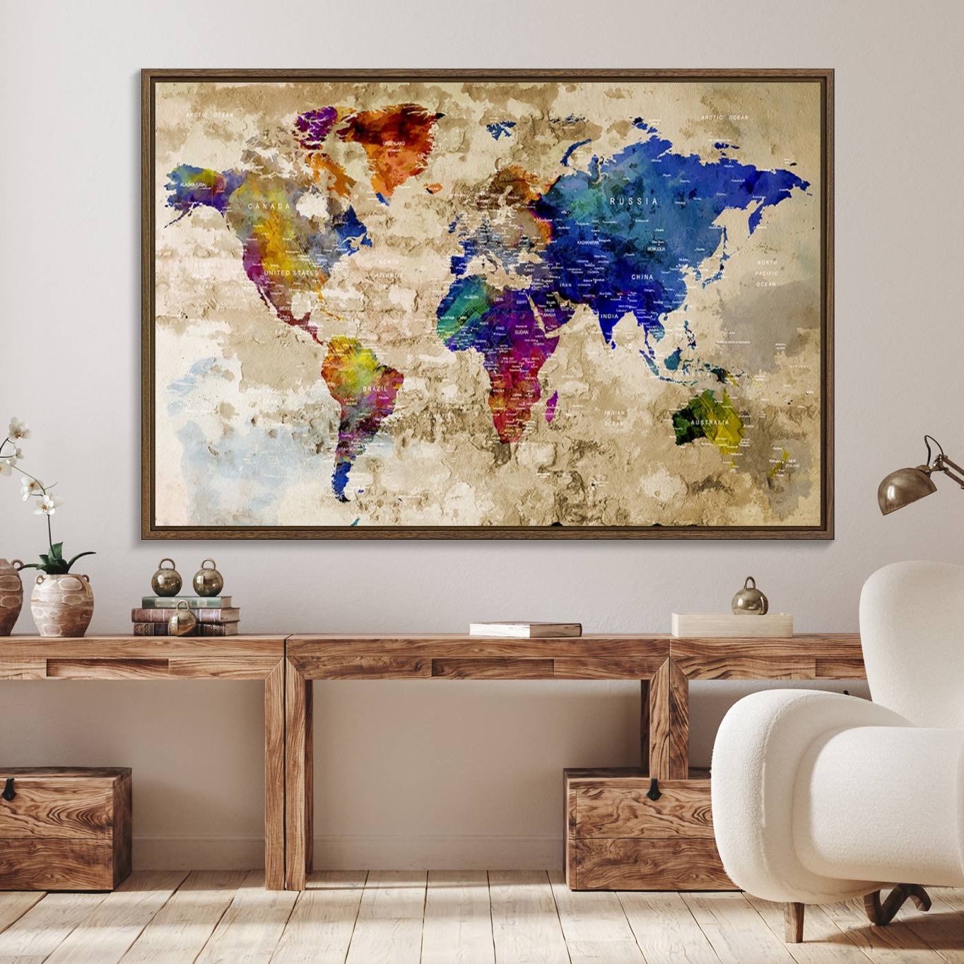 92939-MGV-FC-36X24_Walnut-Watercolor World Map Canvas Print World Map Wall Art Great Design Great Gift Idea