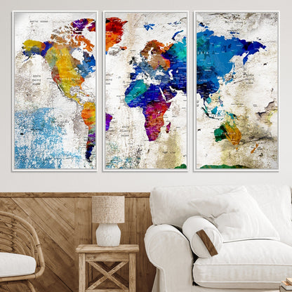 Push Pin World Map Canvas Print – Framed Wall Art for Couples to Track Their Travels – Anniversary Gift or Home Adventure Decor