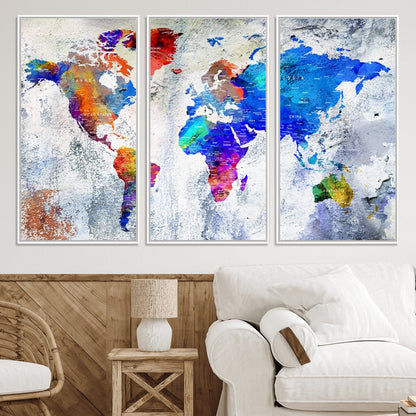 Push Pin World Map Canvas Print – Framed Wall Art for Couples to Track Their Travels – Anniversary Gift or Home Adventure Decor