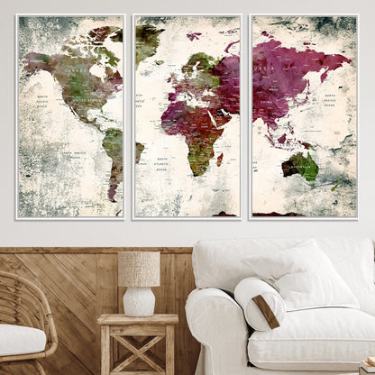 Push Pin World Map Canvas Print – Framed Wall Art for Couples to Track Their Travels – Anniversary Gift or Home Adventure Decor