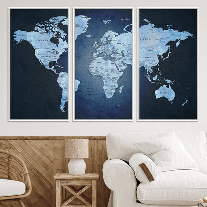 Push Pin World Map Canvas Print – Framed Wall Art for Couples to Track Their Travels – Anniversary Gift or Home Adventure Decor