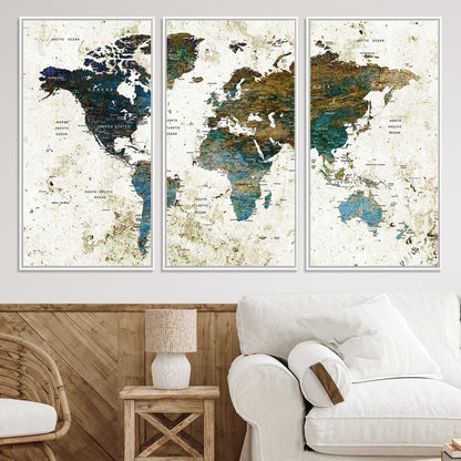 Vintage World Map Wall Art Canvas Print, Framed Rustic Earth Map Art Picture Print, Antique Map Perfect Rustic Vintage Decor Artwork