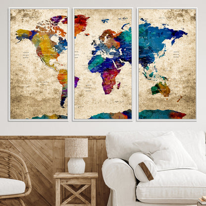 Push Pin World Map Canvas Print – Framed Wall Art for Couples to Track Their Travels – Anniversary Gift or Home Adventure Decor
