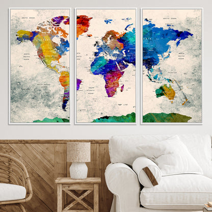 Push Pin World Map Canvas Print – Framed Wall Art for Couples to Track Their Travels – Anniversary Gift or Home Adventure Decor