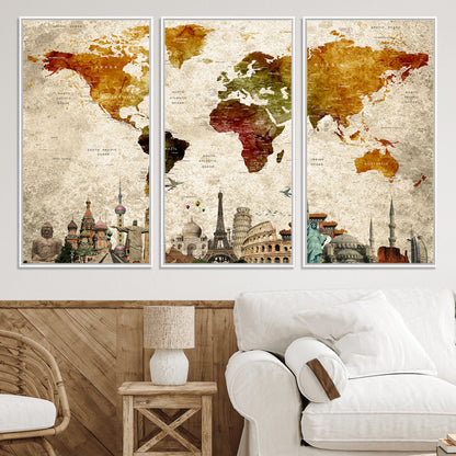 Push Pin World Map Canvas Print – Framed Wall Art for Couples to Track Their Travels – Anniversary Gift or Home Adventure Decor
