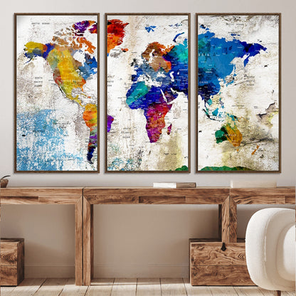 Push Pin World Map Canvas Print – Framed Wall Art for Couples to Track Their Travels – Anniversary Gift or Home Adventure Decor