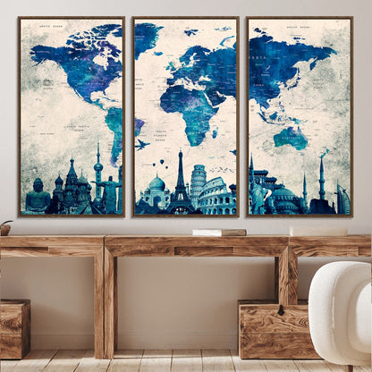 Navy Blue World Map Canvas Print, Wonder of World Map Push Pin Canvas Print