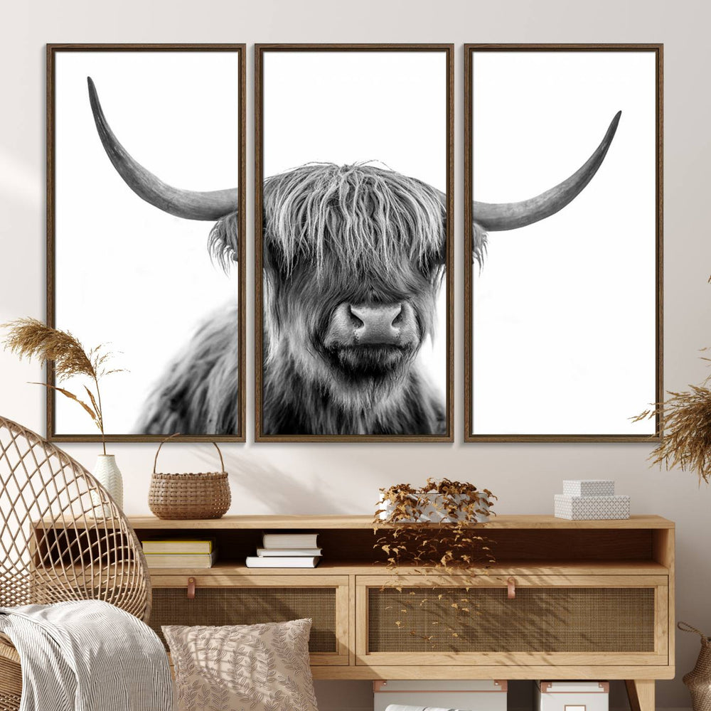 Scottish Highland Cow Cattle Art Print Wall Art Canvas Print for Farmhouse Decor, Framed Scottish Highland Cow Canvas