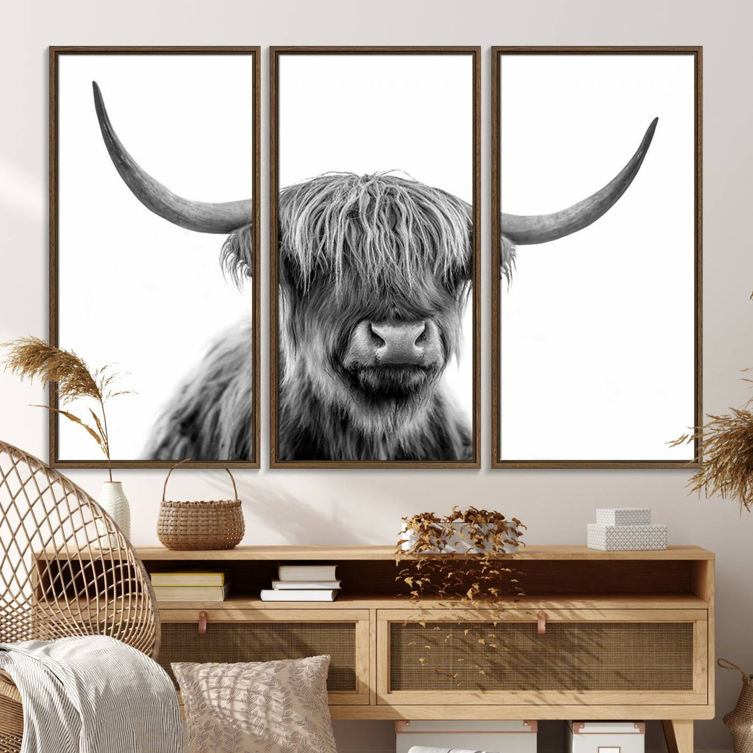 Scottish Highland Cow Cattle Art Print Wall Art Canvas Print for Farmhouse Decor, Framed Scottish Highland Cow Canvas