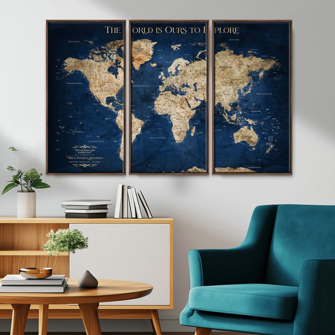 Custom World Map Wall Art – Personalized Framed Canvas Print with Push Pins for Travel Tracking, Anniversary or Couple Gift Ideas - H2-2