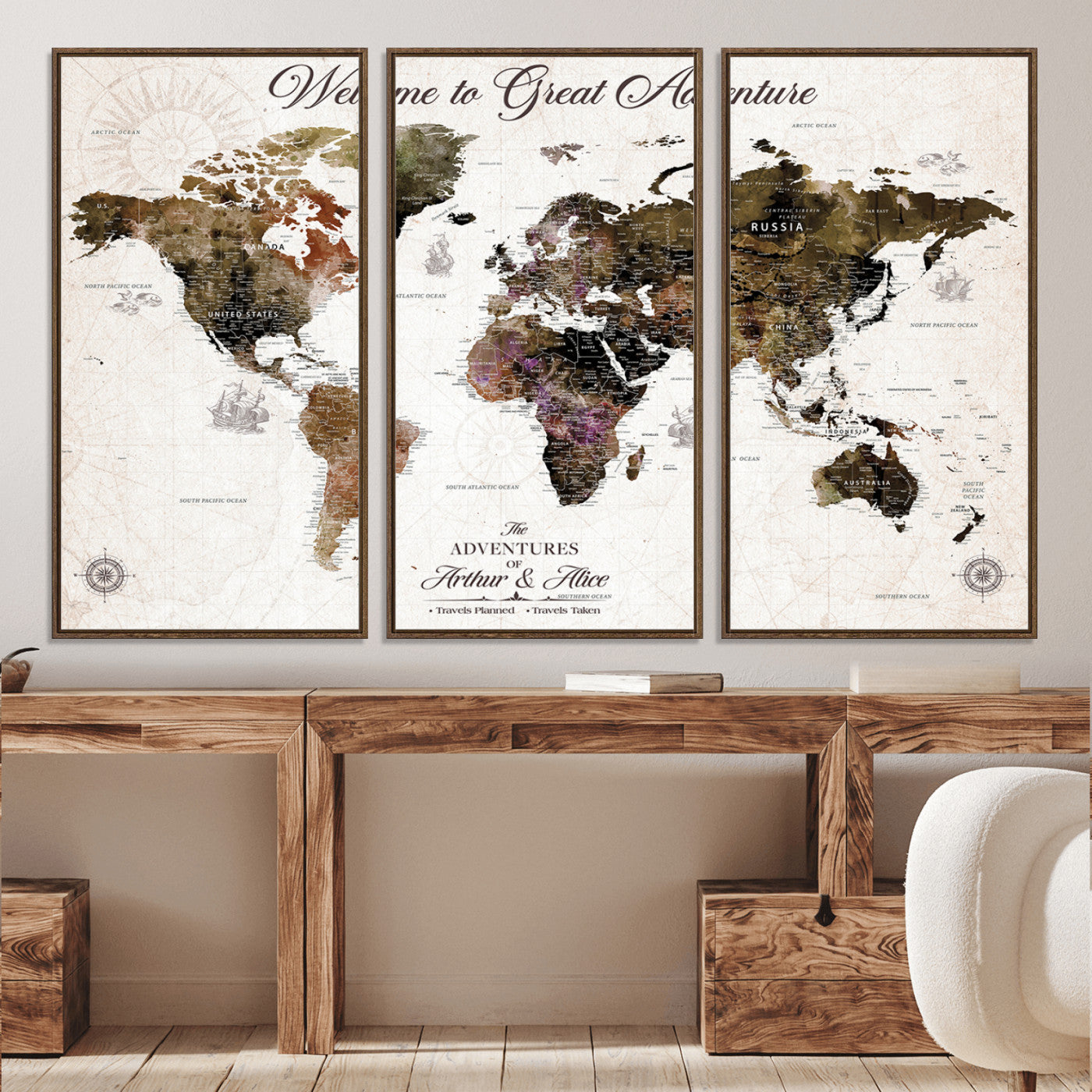 35778202-MGV-CV-36X24-Custom Push Pin World Map Wall Canvas Print – Personalized Travel Map with Pins – Framed Large Canvas for Home Office Decor