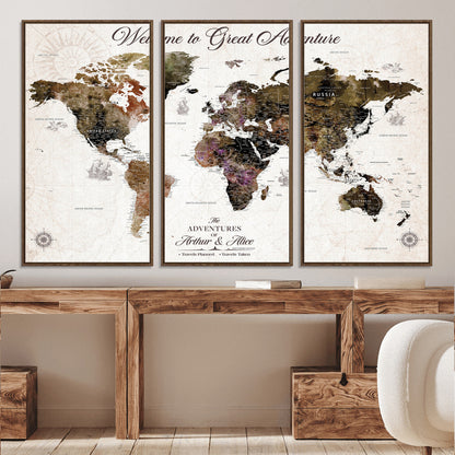 35778202-MGV-CV-36X24-Custom Push Pin World Map Wall Canvas Print – Personalized Travel Map with Pins – Framed Large Canvas for Home Office Decor
