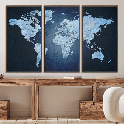 Push Pin World Map Canvas Print – Framed Wall Art for Couples to Track Their Travels – Anniversary Gift or Home Adventure Decor