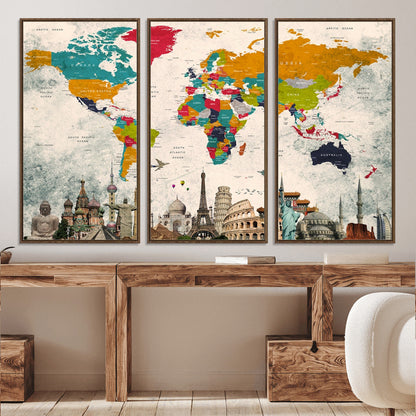 Push Pin World Map Canvas Print – Framed Wall Art for Couples to Track Their Travels – Anniversary Gift or Home Adventure Decor