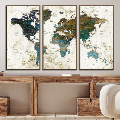 Vintage World Map Wall Art Canvas Print, Framed Rustic Earth Map Art Picture Print, Antique Map Perfect Rustic Vintage Decor Artwork
