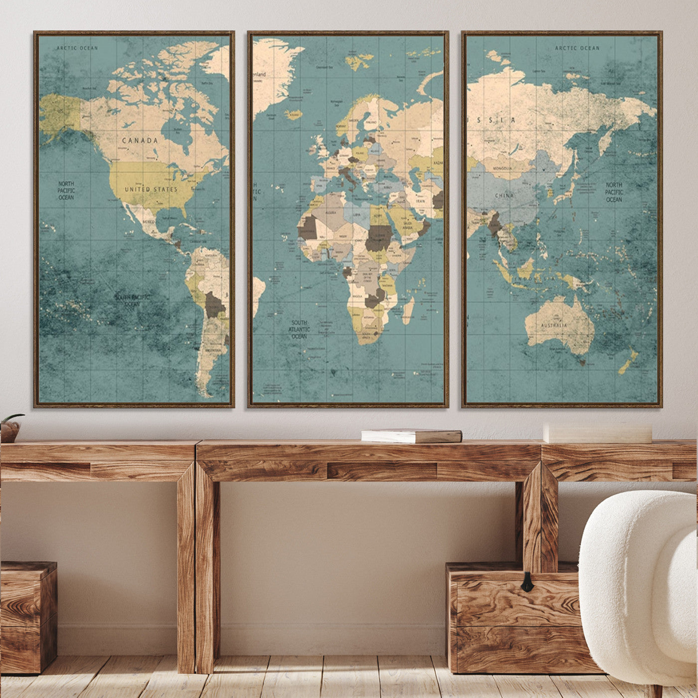 Classic World Map Wall Art Canvas Print, Framed Retro Map Art Picture Print, Vintage Atlas Perfect Rustic Explorer Decor Artwork