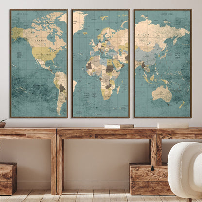 Classic World Map Wall Art Canvas Print, Framed Retro Map Art Picture Print, Vintage Atlas Perfect Rustic Explorer Decor Artwork