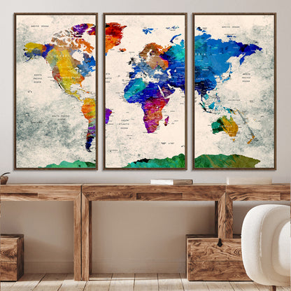 Push Pin World Map Canvas Print – Framed Wall Art for Couples to Track Their Travels – Anniversary Gift or Home Adventure Decor
