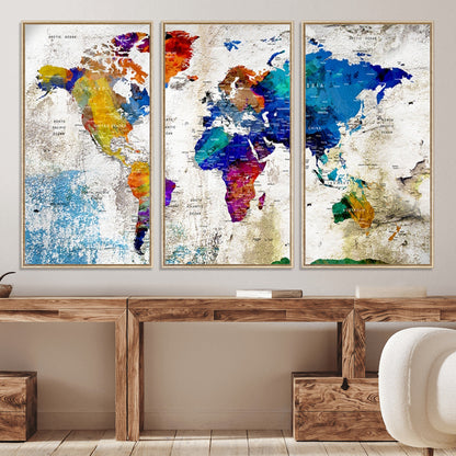Push Pin World Map Canvas Print – Framed Wall Art for Couples to Track Their Travels – Anniversary Gift or Home Adventure Decor