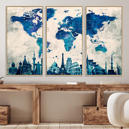 Navy Blue World Map Canvas Print, Wonder of World Map Push Pin Canvas Print