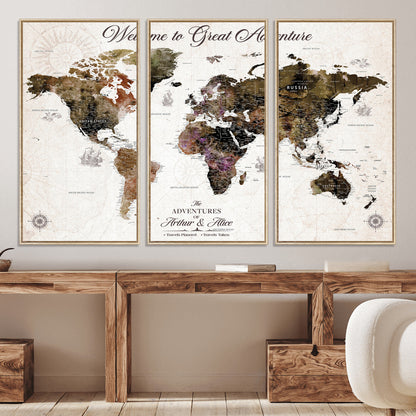 35778202-MGV-CV-36X24-Custom Push Pin World Map Wall Canvas Print – Personalized Travel Map with Pins – Framed Large Canvas for Home Office Decor