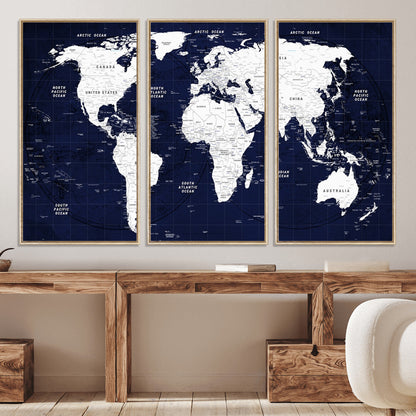 Push Pin World Map Canvas Print – Framed Wall Art for Couples to Track Their Travels – Anniversary Gift or Home Adventure Decor