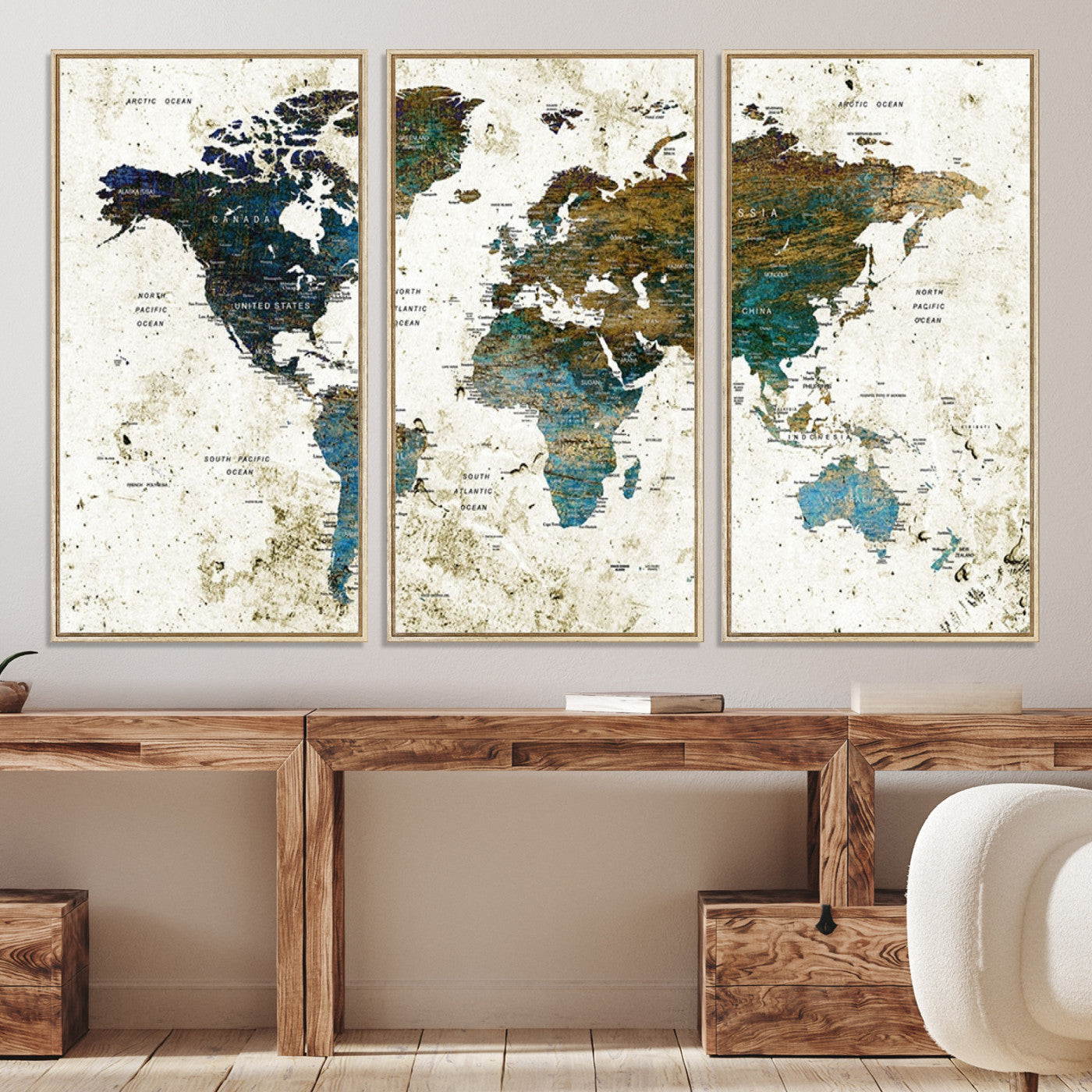 Vintage World Map Wall Art Canvas Print, Framed Rustic Earth Map Art Picture Print, Antique Map Perfect Rustic Vintage Decor Artwork