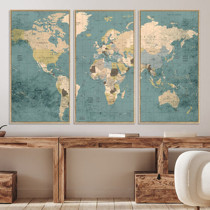 Classic World Map Wall Art Canvas Print, Framed Retro Map Art Picture Print, Vintage Atlas Perfect Rustic Explorer Decor Artwork
