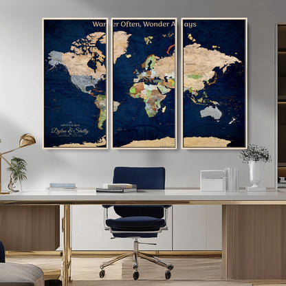 12399561-MGV-CV-30X20-Personalized World Map Print, Customizable Push Pin Framed World Map Print on Canvas - Custom Quote on Map Print