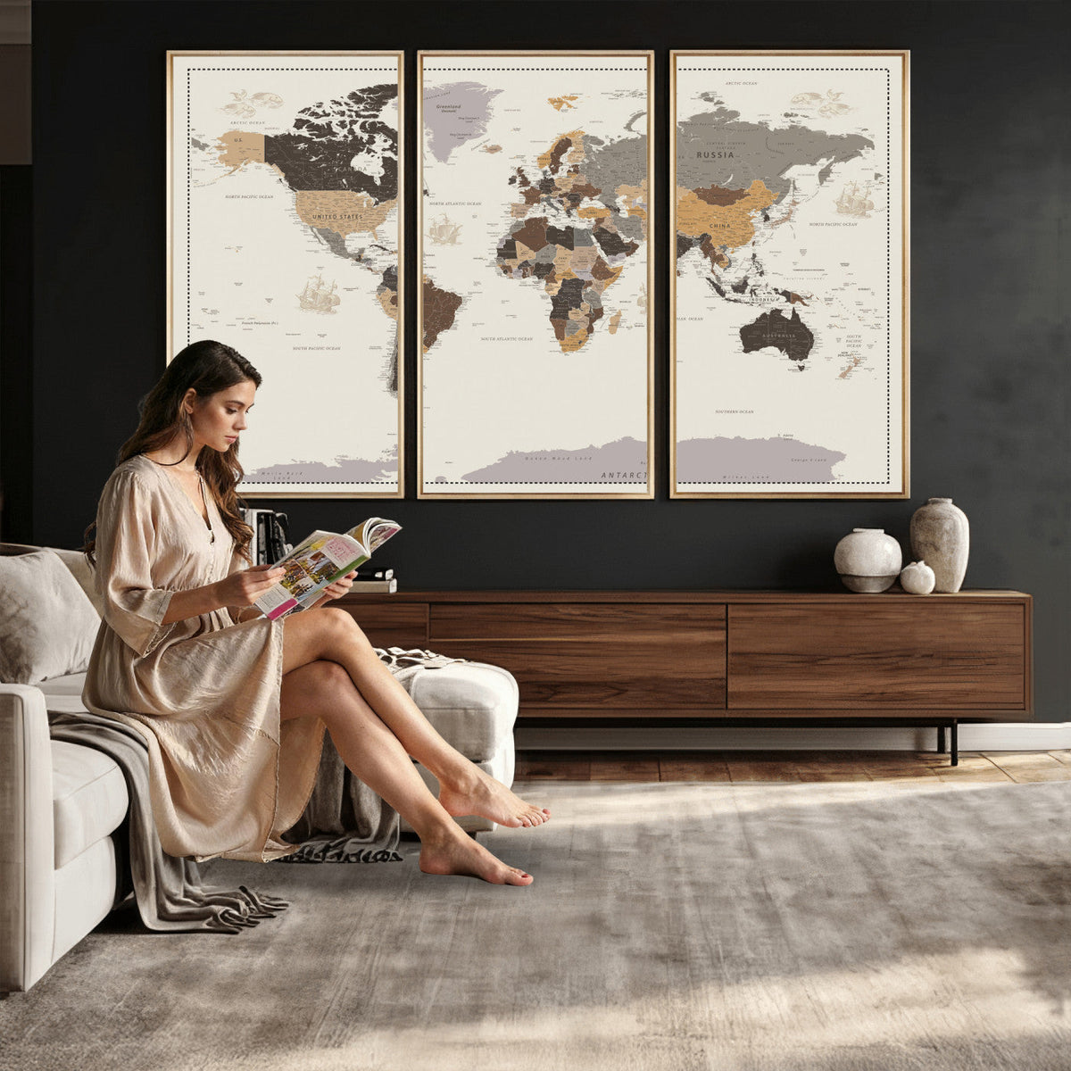 58777746-MGV-CV-36X24 - Custom Beige Modern Push Pin World Map Canvas Print, Places Visited Tracker, Bedroom and Study Decor