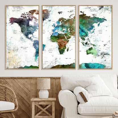 Push Pin World Map Canvas Print – Framed Wall Art for Couples to Track Their Travels – Anniversary Gift or Home Adventure Decor