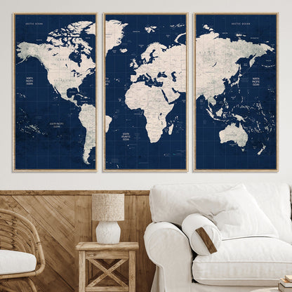 Push Pin World Map Canvas Print – Framed Wall Art for Couples to Track Their Travels – Anniversary Gift or Home Adventure Decor